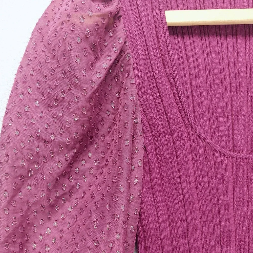 Anthropologie Burgandy Rib Knit Top S Puff Sleeve Coquette Semi Sheer Romantic‎